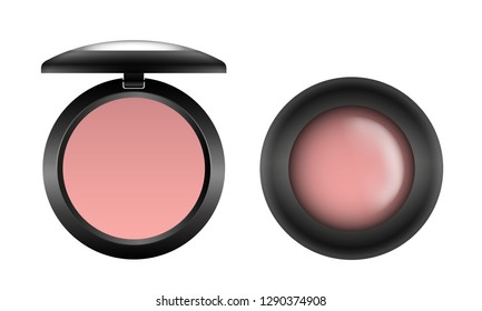 Vector realistic pink compact blush in black open and closed container top view isolated on white background