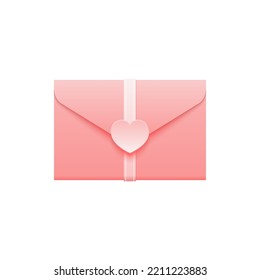 Sobre rosa vectorial realista con corazón y cinta sobre fondo blanco. Carta pastel aislada para la decoración festiva. Ilustración de la decoración de un día de San Valentín