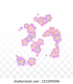 Vector Realistic Pink Flowers Falling on Transparent Background.  Spring Romantic Flowers Illustration. Flying Petals. Sakura Spa Design.  Blossom Confetti. Design Elements for  8 March Card.
