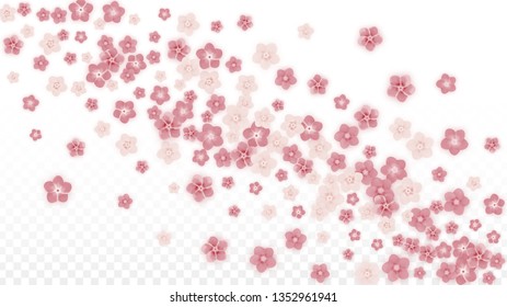 Vector Realistic Pink Flowers Falling on Transparent Background.  Spring Romantic Flowers Illustration. Flying Petals. Sakura Spa Design. Blossom Confetti. Design Elements for  Poster Design. 