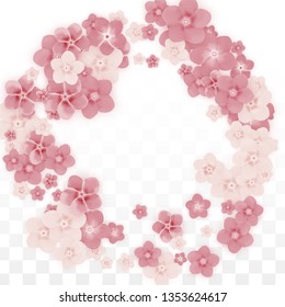 Vector Realistic Pink Flowers Falling on Transparent Background.  Spring Romantic Flowers Illustration. Flying Petals. Sakura Spa Design. Blossom Confetti. Design Elements for  St. Valentine Day.