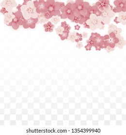 Vector Realistic Pink Flowers Falling on Transparent Background.  Spring Romantic Flowers Illustration. Flying Petals. Sakura Spa Design. Blossom Confetti. Design Elements for  Mother's Day.