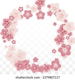 Vector Realistic Pink Flowers Falling on Transparent Background.  Spring Romantic Flowers Illustration. Flying Petals. Sakura Spa Design. Blossom Confetti. Design Elements for  St. Valentine Day.