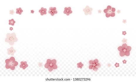Vector Realistic Pink Flowers Falling on Transparent Background.  Spring Romantic Flowers Illustration. Flying Petals. Sakura Spa Design. Blossom Confetti. Design Elements for  8 March Card.