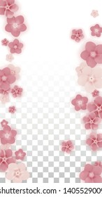 Vector Realistic Pink Flowers Falling on Transparent Background.  Spring Romantic Flowers Illustration. Flying Petals. Sakura Spa Design. Blossom Confetti. Design Elements for  St. Valentine Day.