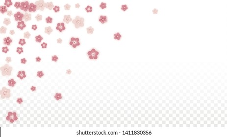 Vector Realistic Pink Flowers Falling on Transparent Background.  Spring Romantic Flowers Illustration. Flying Petals. Sakura Spa Design. Blossom Confetti. Design Elements for  St. Valentine Day.