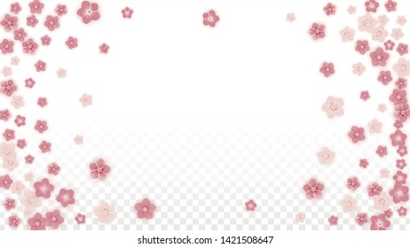 Vector Realistic Pink Flowers Falling on Transparent Background.  Spring Romantic Flowers Illustration. Flying Petals. Sakura Spa Design. Blossom Confetti. Design Elements for  8 March Card.