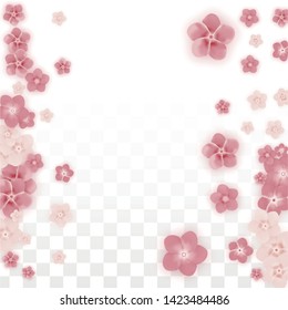 Vector Realistic Pink Flowers Falling on Transparent Background.  Spring Romantic Flowers Illustration. Flying Petals. Sakura Spa Design. Blossom Confetti. Design Elements for  St. Valentine Day.