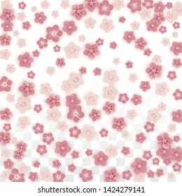 Vector Realistic Pink Flowers Falling on Transparent Background.  Spring Romantic Flowers Illustration. Flying Petals. Sakura Spa Design. Blossom Confetti. Design Elements for  Wedding Decoration.