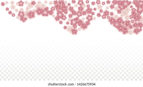 Vector Realistic Pink Flowers Falling on Transparent Background.  Spring Romantic Flowers Illustration. Flying Petals. Sakura Spa Design. Blossom Confetti. Design Elements for  Wedding Decoration.