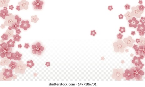 Vector Realistic Pink Flowers Falling on Transparent Background.  Spring Romantic Flowers Illustration. Flying Petals. Sakura Spa Design. Blossom Confetti. Design Elements for  8 March Card.
