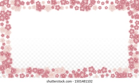 Vector Realistic Pink Flowers Falling on Transparent Background.  Spring Romantic Flowers Illustration. Flying Petals. Sakura Spa Design. Blossom Confetti. Design Elements for  Wedding Decoration.