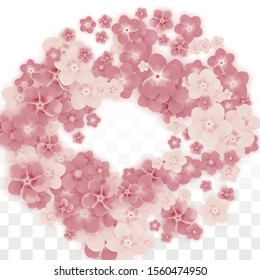 Vector Realistic Pink Flowers Falling on Transparent Background.  Spring Romantic Flowers Illustration. Flying Petals. Sakura Spa Design. Blossom Confetti. Design Elements for  Wedding Decoration.
