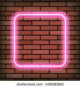 Vector realistic pink neon rectangle on brick wall. Good for banner, backdrop, invitation, poster, web template. 