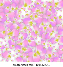 Vector Realistic Pink Petals Falling on Transparent Background.  Spring Romantic Flowers Illustration. Flying Petals. Sakura Spa Design.  Blossom Confetti. Design Elements for  St. Valentine Day.