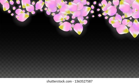 Vector Realistic Pink Petals Falling on Transparent Background.  Spring Romantic Flowers Illustration. Flying Petals. Sakura Spa Design.  Blossom Confetti. Design Elements for  St. Valentine Day.