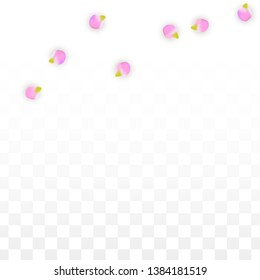 Vector Realistic Pink Petals Falling on Transparent Background.  Spring Romantic Flowers Illustration. Flying Petals. Sakura Spa Design.  Blossom Confetti. Design Elements for  Wedding Decoration.