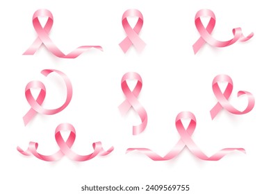 Vector Realistic Pink Ribbon Set, Breast Cancer Awareness Symbol. Realistic Pink Ribbon Set for Breast Cancer Awareness. A Symbol of Hope, Strength, and Solidarity