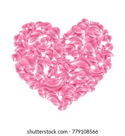 Vector realistic pink rose, cherry, sakura petal in heart shape illustration on isolated white background. Elegant spring decoration, Valentines day, women day, wedding marriage, love, care symbol