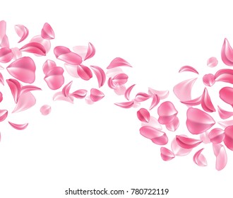 Vector realistic pink rose, cherry, sakura petal fall down illustration wave pattern isolated white background. Elegant spring decoration Valentines day, women day, wedding marriage natural cosmetics