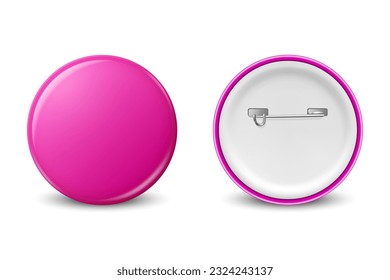 Vector Realistic Pink Round Blank Empty Button Badge Set Closeup Isolated on White Background, Front, Back View. Button Pin Badge Design Template. Brooch Pin for Branding, Mockup