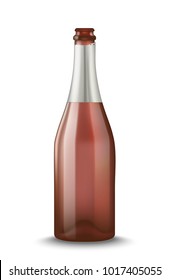 Vector Realistic Pink With Silver Open Champagne Bottle Isolated On White Background. Mockup Template Blank For Product Packing Advertisement.