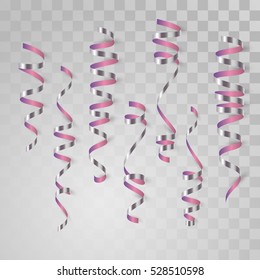 Vector realistic pink and silver serpentine, ribbon with shadow on transparent background. Christmas holiday design, decor. Vector illustration.