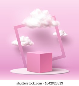 Vector realistic pink squre podium on blue clouds and geometric background. Empty abstract platform, Product presentation, exhibition plinth stand
