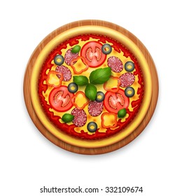 Vector realistic pizza with cheese, cherry tomatoes and basil on wooden cutting board