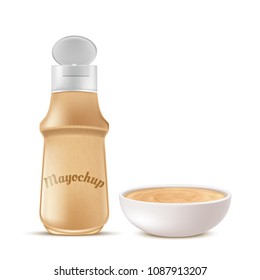 Vector realistic plastic bottle and ceramic bowl full of mayochup, sauce mixed from mayonnaise and ketchup, isolated on background. Tasty condiment for picnic and barbecue. Mockup for advertising