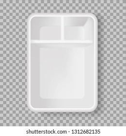 Vector realistic plastic Food Tray with three cells. 3d empty lunch box on transparent background. Vector template for design, presentation, advertising, promo. EPS 10. Top view.