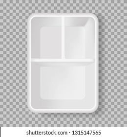 Vector Realistic Plastic Food Tray With Three Cells. 3d Empty Lunch Box On Transparent Background. Vector Template For Design, Presentation, Advertising, Promo. EPS 10. Top View.