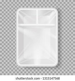 Vector realistic plastic Food Tray with three cells. 3d empty lunch box on transparent background. Vector template for noodles, sushi, Lunches, food in airplanes, etc. EPS 10. Top view.