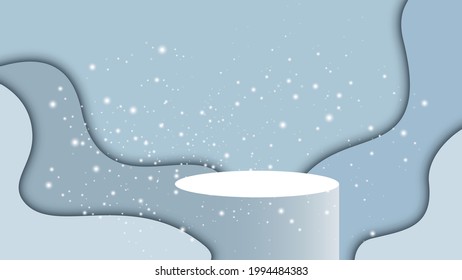 Vector. Realistic podium, pedestal, stand, round shape award for 3D displays. The background is made in layers of blue and light blue with flowing geometric shapes, magic light. The paper is cut.