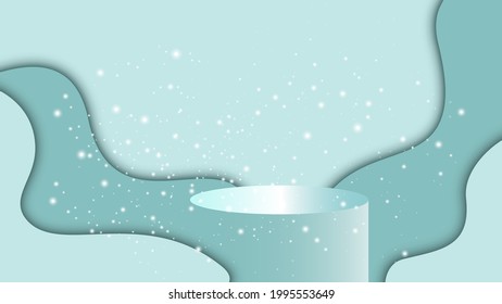 Vektorgrafik. Realistisches Podium, Podest, Ständer, Rundform Preis für 3D-Displays. Der Hintergrund ist in Azurschichten mit glatten geometrischen Formen, zauberhaftem Licht hergestellt. Das Papier ist geschnitten.