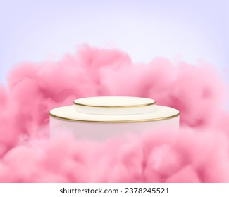 Podio vectorial realista en nubes rosadas, ilustración de primavera San Valentín. Plataforma blanca y dorada rodeada de niebla rosa pastel sobre fondo de cielo violeta, puesta de sol