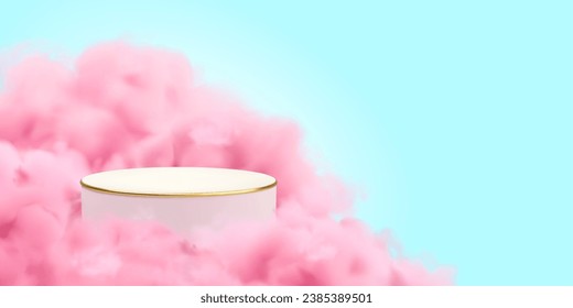 Podio vectorial realista en nubes rosas. Banner horizontal, plataforma blanca y dorada rodeada de niebla color pastel sobre fondo azul del cielo con espacio para copiar. Plantilla web con espacio de copia