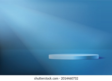 Vector realistic podium platform with blue color and spotlight in abstract stage for product placement and display.