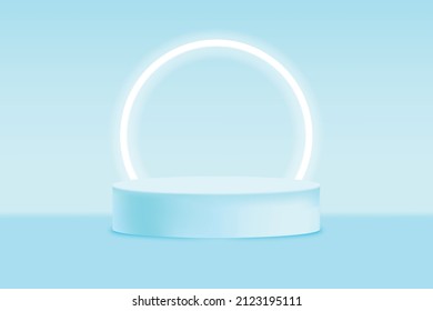 Vector realistic podium platform with blue neon in abstract stage for product placement and display.