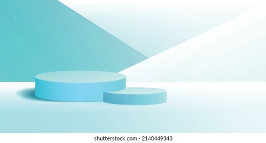 Vector realistic podium platform with blue colors in abstract stage for product placement and display.