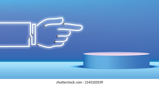 Vector realistic podium platform with blue colors and neon pointing hand in abstract stage for product placement and display.