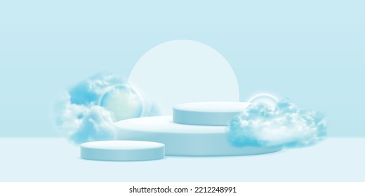 Vector realistic podium platform with blue clouds in abstract stage for product placement and display.