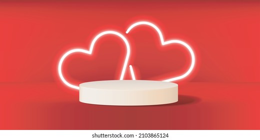 Vector realistic podium platform with neon hearts in abstract stage. Concept of Valentine's Day.