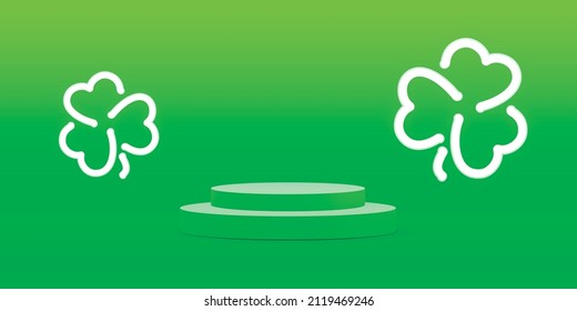 Vector realistic podium platform with neon green clovers in abstract stage for product placement and display. Concept of St. Patrick's Day.