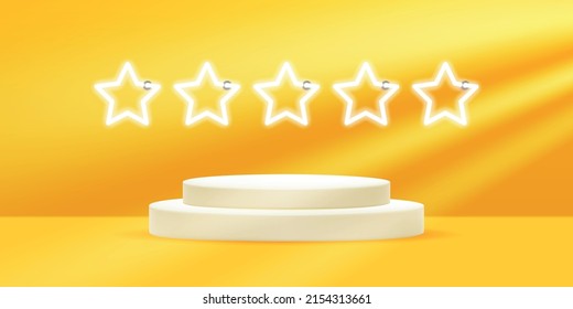 Plataforma de podio vectorial realista con colores anaranjados y cinco estrellas de neón en estadio abstracto para la colocación y visualización de productos.