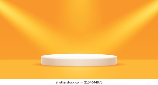 Vector realistic podium platform with orange colors in abstract stage for product placement and display.