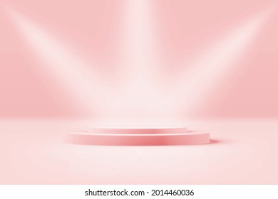 Vector realistic podium platform with pastel pink color and spotlights in abstract stage for product placement and display.