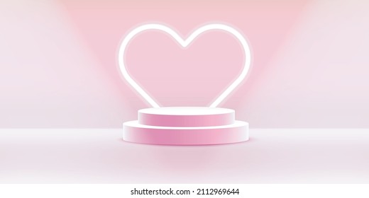 Vector realistic podium platform with pink neon heart in abstract stage for product placement and display.