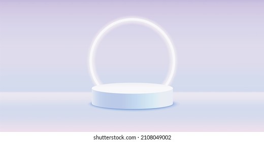 Vector realistic podium platform with purple color and neon in abstract stage for product placement and display.