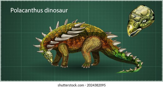 Vector realistic Polacanthus Dinosaur Of Jurassic Period, Prehistoric Extinct Giant Reptile Cartoon Realistic Animal. isolated on a green background. Side view, profile.